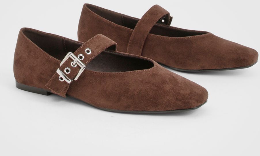 Boohoo Womens Wide Fit Metallic Buckle Detail Mary Jane Ballet Flats - Chocolate - Size 8 Wide Fit (Uk Shoe)
