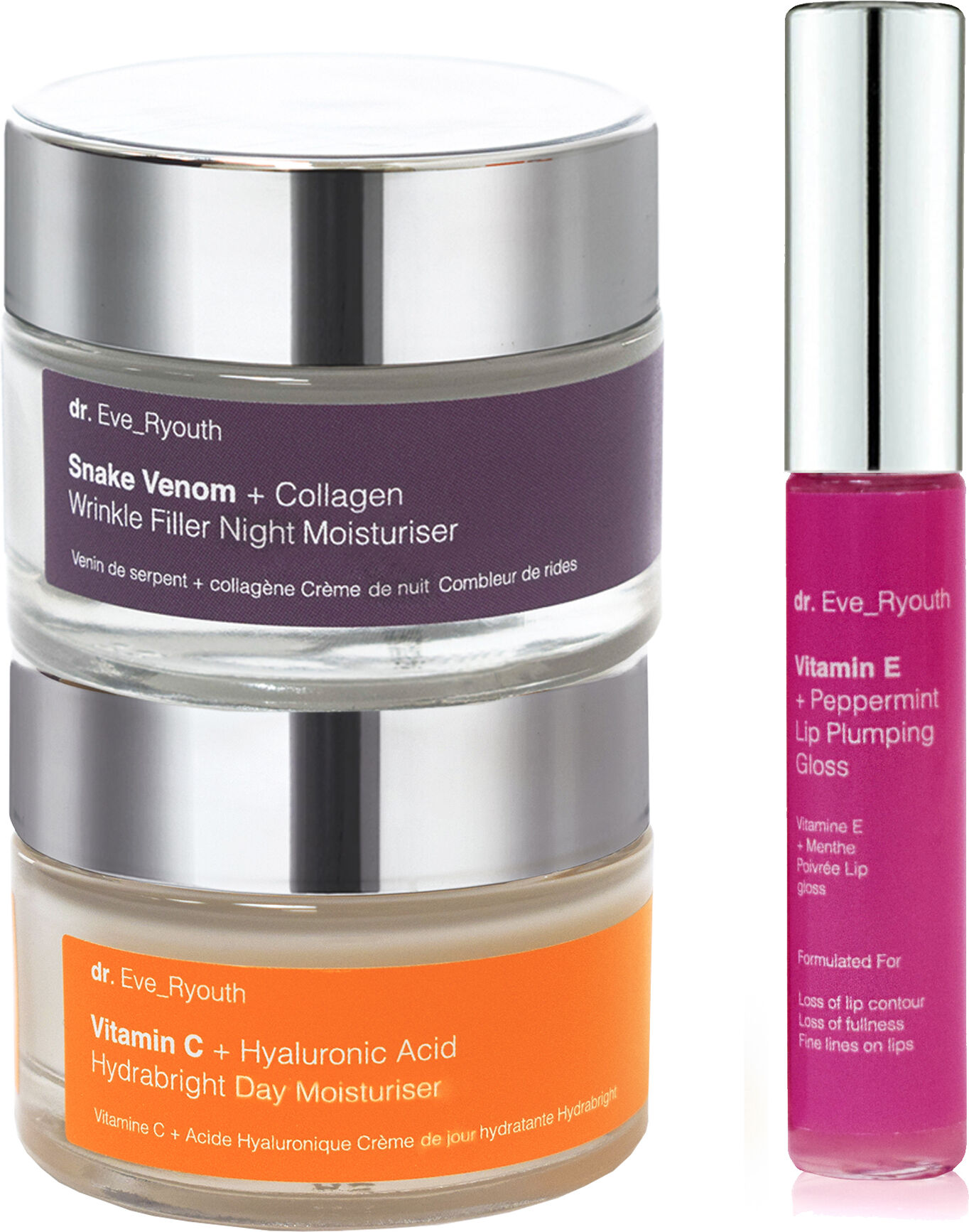 Dr. Eve_ryouth Unisex Vitamin C + Hyaluronic Acid hydrabright day Moisturiser 50ml + Snake Venom + Collagen Wrinkle Filler Night + E Lip Lpumps 8ml - Na - Size 8ml