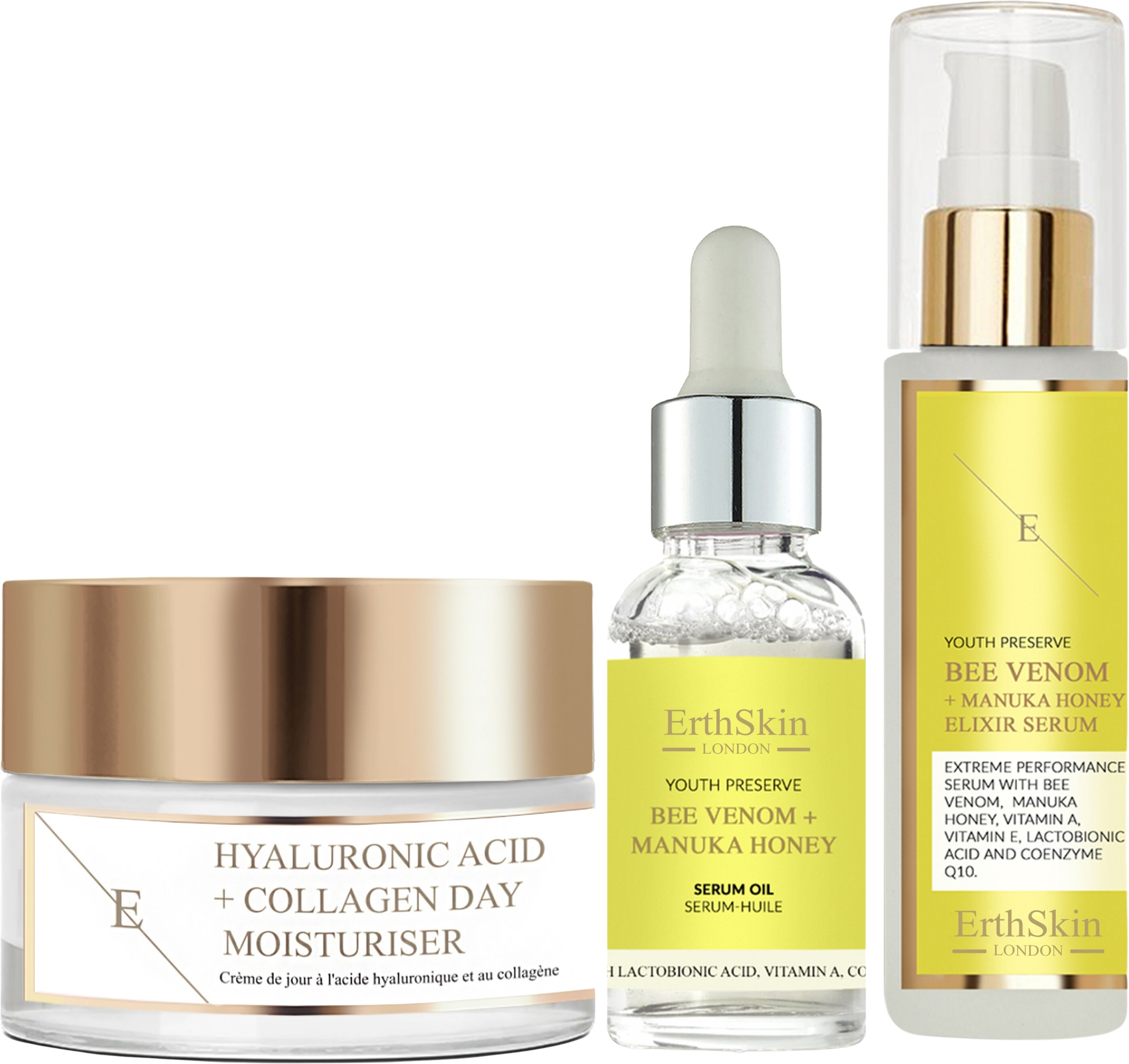 Erth Skin London Unisex Hyaluronic Acid & Collagen Day Cream 50ml+ Bee Venom + Manuka Honey Elixir Serum 60ml + Bee + Oil 30ml - One Size