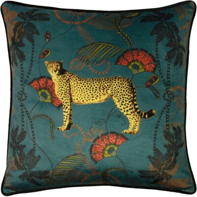 Paoletti Tropical Cheetah Velvet Piped Cushion Cover - Teal - One Size Paoletti Tropical Cheetah Velvet Piped Cushion Cover - Teal - One Size