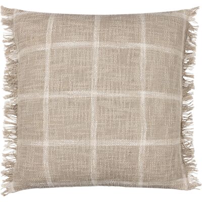 Yard Beni Check Fringed Cushion Cover - Stone Cotton - Size 45 Cm X 45 Cm Yard Beni Check Fringed Cushion Cover - Stone Cotton - Size 45 Cm X 45 Cm