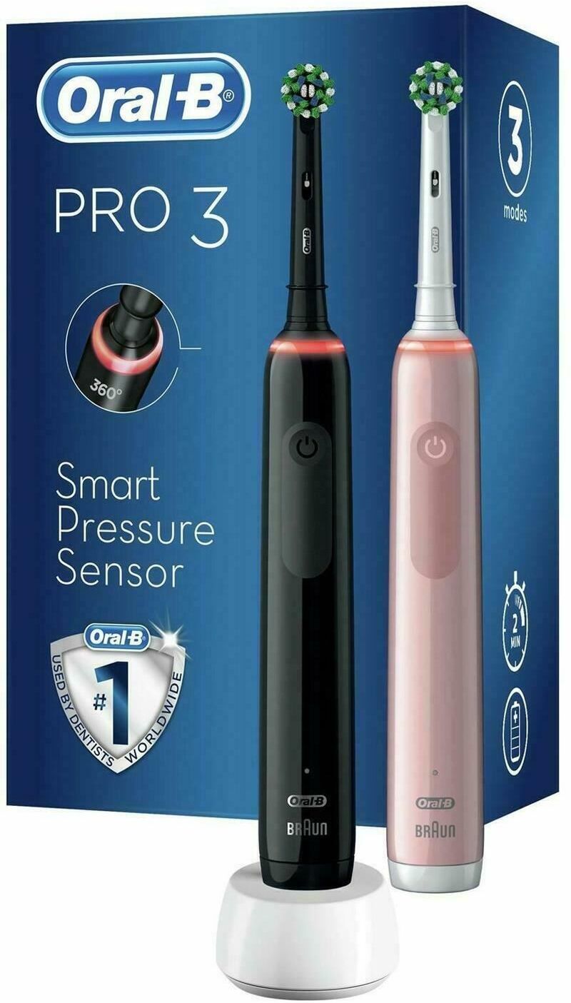 Oral B Unisex Oral-B Pro 3 3900 Electric Smart Pressure Sensor Duo Toothbrushes, Black & Pink - One Size