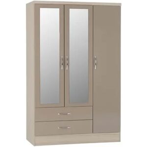 Seconique Nevada Oyster Gloss and Oak 3 Door 2 Drawer Mirrored Wardrobe