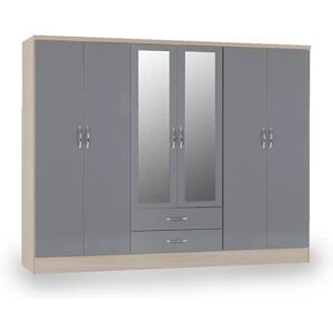 Seconique Nevada Grey Gloss and Oak 6 Door 2 Drawer Mirrored Wardrobe