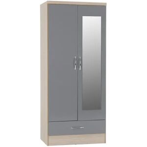 Seconique Nevada Grey Gloss and Oak 2 Door 1 Drawer Mirrored Wardrobe