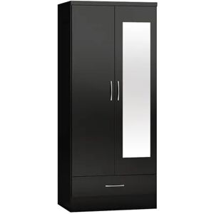 Seconique Nevada Black High Gloss 2 Door 1 Drawer Mirrored Wardrobe