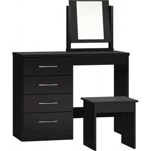 Seconique Nevada Black High Gloss 4 Drawer Pedestal Dressing Table and Stool