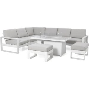 Maze Larnaca White Outdoor Large Aluminium Corner Dining Set With Fire Pit Table & Footstools