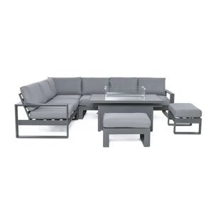 Maze Larnaca Grey Large Outdoor Aluminium Corner Dining Set With Fire Pit Table & Footstools