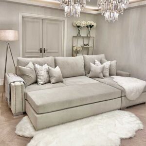 Olivia Premium Smoke Grey Sofa Range with Studs, Large Corner Sofa - Right Hand Facing