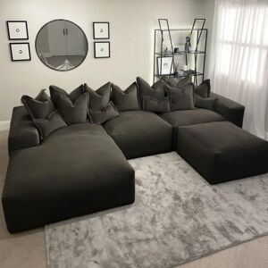 Lenox Shadow Grey Velvet Pillow Back Modular Sofa Range, Left Hand Facing