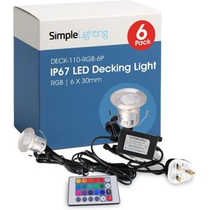 Pack of 6 RGB 30mm LED Decking Lights Kit – IP67, 12V, Colour Changing, with Controller Pack of 6 RGB 30mm LED Decking Lights Kit – IP67, 12V, Colour Changing, with Controller