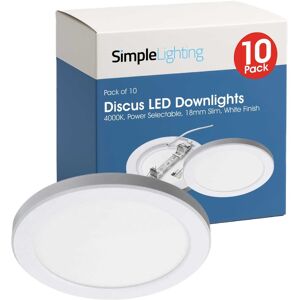 Pack of 10 Discus LED Downlights, 4000K, Power Selectable, 18mm Slim, White Finish Pack of 10 Discus LED Downlights, 4000K, Power Selectable, 18mm Slim, White Finish