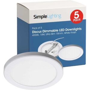 Pack of 5 Discus Dimmable LED Downlights, 4000K, 18W, Ultra Slim 18mm, White Finish Pack of 5 Discus Dimmable LED Downlights, 4000K, 18W, Ultra Slim 18mm, White Finish