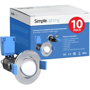 Pack of 10 Adjustable Die-Cast Fire Rated GU10 Downlights with a Polished Chrome Finish Pack of 10 Adjustable Die-Cast Fire Rated GU10 Downlights with a Polished Chrome Finish