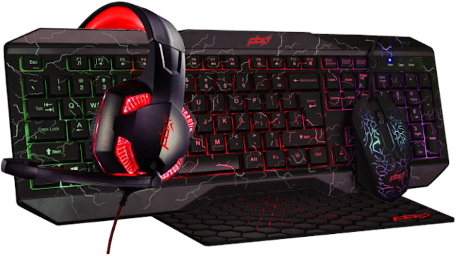 PBX Ruckus 4 in 1 Pro Gaming Kit Headphones, Keyboard, Mouse and Mousepad