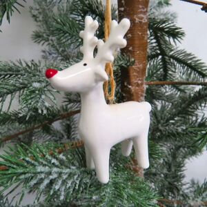 White Ceramic Reindeer Tree Decoration With Red Nose  - Funky Chunky Furniture