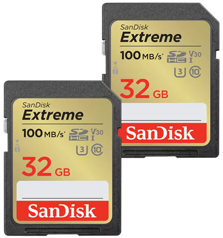 SanDisk Extreme SDHC memory Card 32GB 100MB/s UHS-I Class 10 U3 V30 Twin Pack