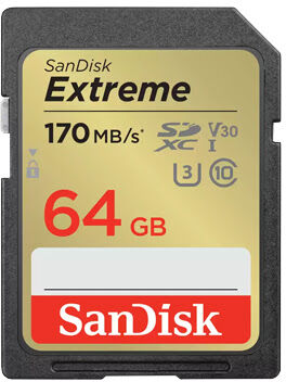 SanDisk Extreme SDXC Memory Card 64GB 170MB/s UHS-I Class 10 U3 V30 With 1 year RescuePRO Deluxe
