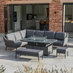 Harbour Lifestyle Luna Outdoor Fabric Rectangular Corner Dining Set with Rising Firepit Table in Grey (Left Hand)