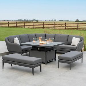 Harbour Lifestyle Luna Deluxe Outdoor Fabric Square Corner Dining Set with Rising Firepit Table in Grey