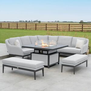 Harbour Lifestyle Luna Deluxe Outdoor Fabric Square Corner Dining Set with Rising Firepit Table in Oyster Grey