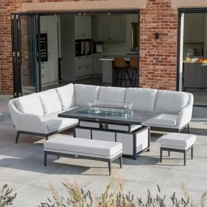 Harbour Lifestyle Luna Outdoor Fabric Rectangular Corner Dining Set with Rising Firepit Table in Oyster Grey (Left Hand)