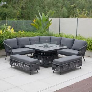 Harbour Lifestyle Monterrey Deluxe Square Rope Corner Dining Set with Rising Firepit Table in Grey