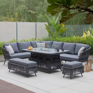 Harbour Lifestyle Monterrey Rope Rectangular Corner Dining Set with Rising Firepit Table in Grey (Left Hand)