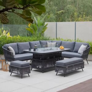 Harbour Lifestyle Monterrey Rope Rectangular Corner Dining Set with Rising Firepit Table in Grey (Right Hand)