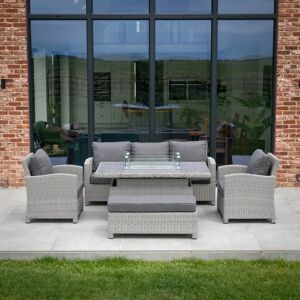 Harbour Lifestyle Santiago Rattan Sofa Dining Set with Rising Firepit Table in Grey