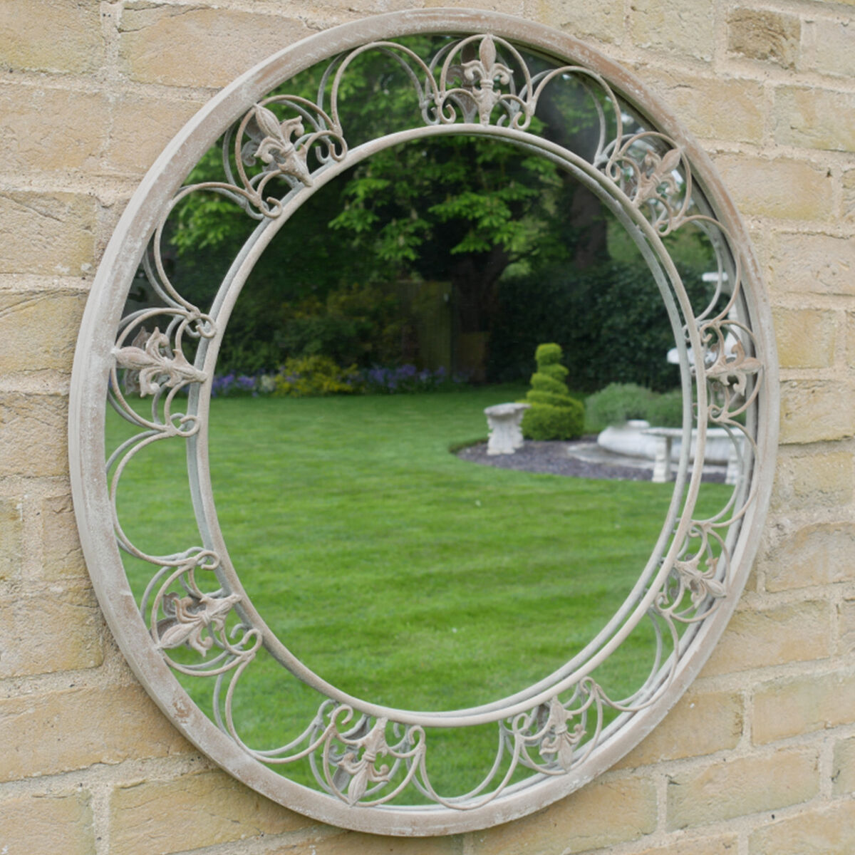 Round Distressed Ornate Metal Garden Mirror 70cm x 70cm Material: Metal, glass