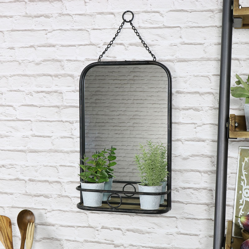 Black Metal Vanity Wall Mirror with Shelf 32cm x 50cm Material: Metal / Glass