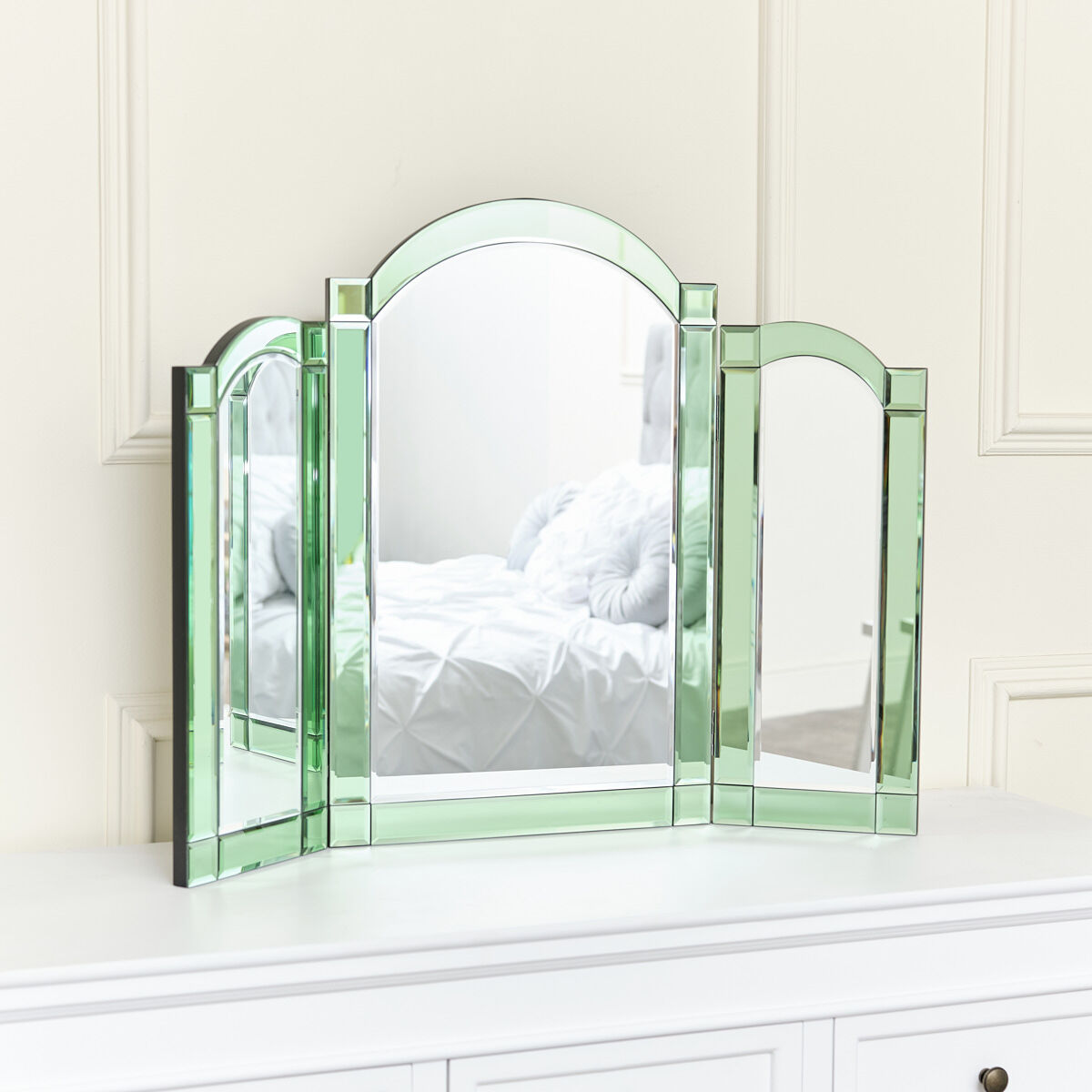 Green Glass Art Deco Triple Mirror 74cm x 60cm Material: Glass, Metal, Wood