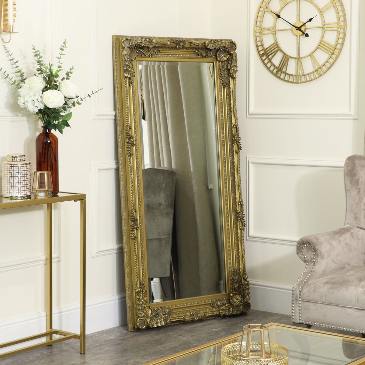 Large Ornate Gold Wall / Leaner Mirror 78cm x 158cm Material: Wood / Resin / Glass