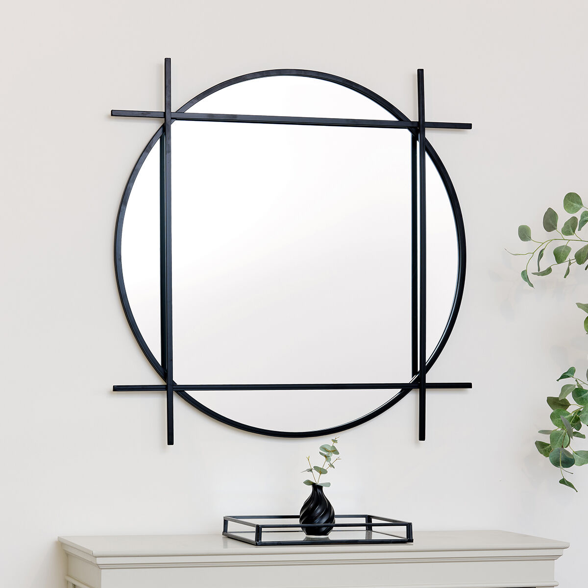 Large Round Black Wall Mirror 97cm x 97cm Material: Metal, wood, glass