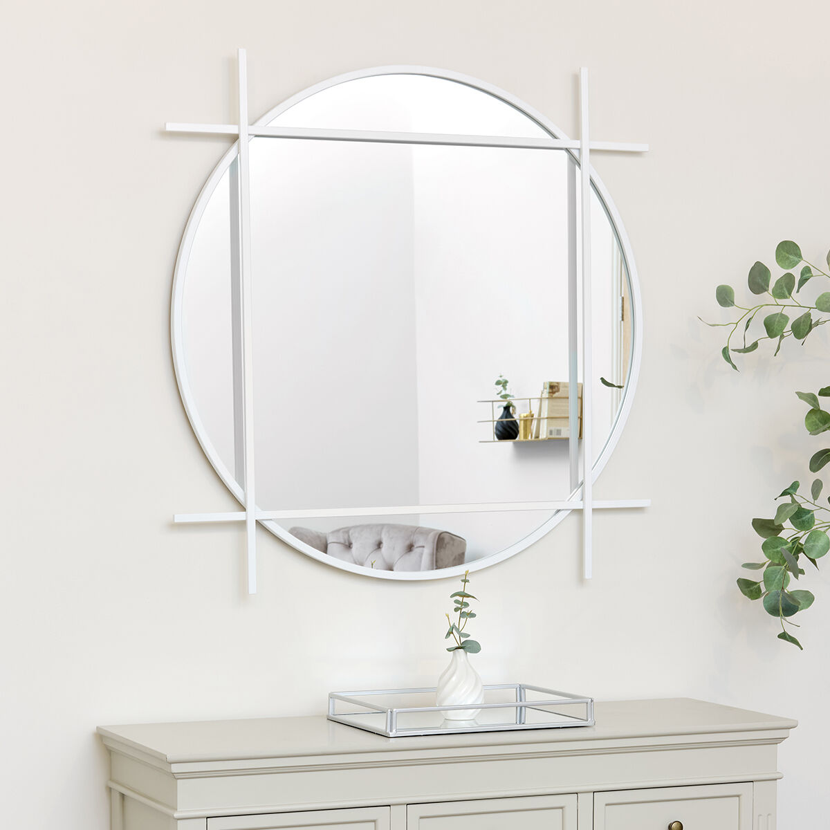 Large Round White Wall Mirror 97cm x 97cm Material: Metal, wood, glass