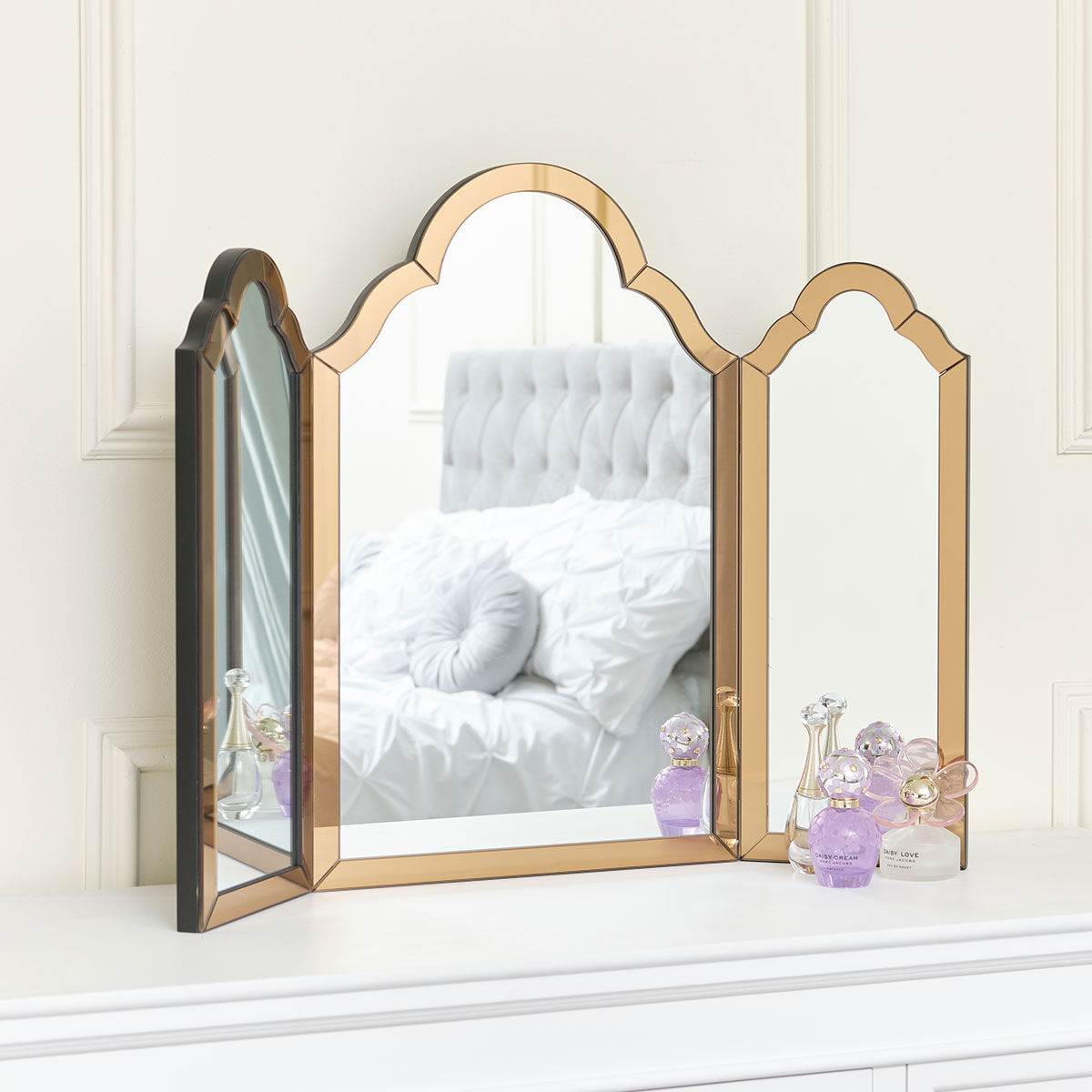 Mocha Glass Art Deco Triple Mirror 74cm x 60cm Material: Glass, Metal, Wood