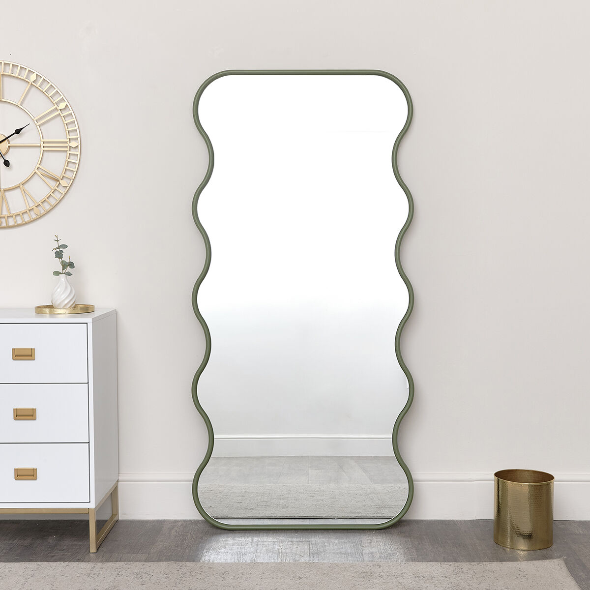 Olive Green Full Length Wave Mirror - 163cm x 80cm Material: Wood, Glass, Metal