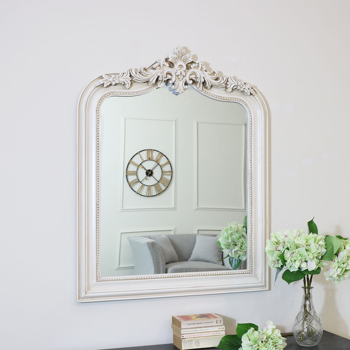 Ornate Arched Antiqued Ivory Wall Mirror 100 cm x 80cm Material: Wood / Resin / Glass