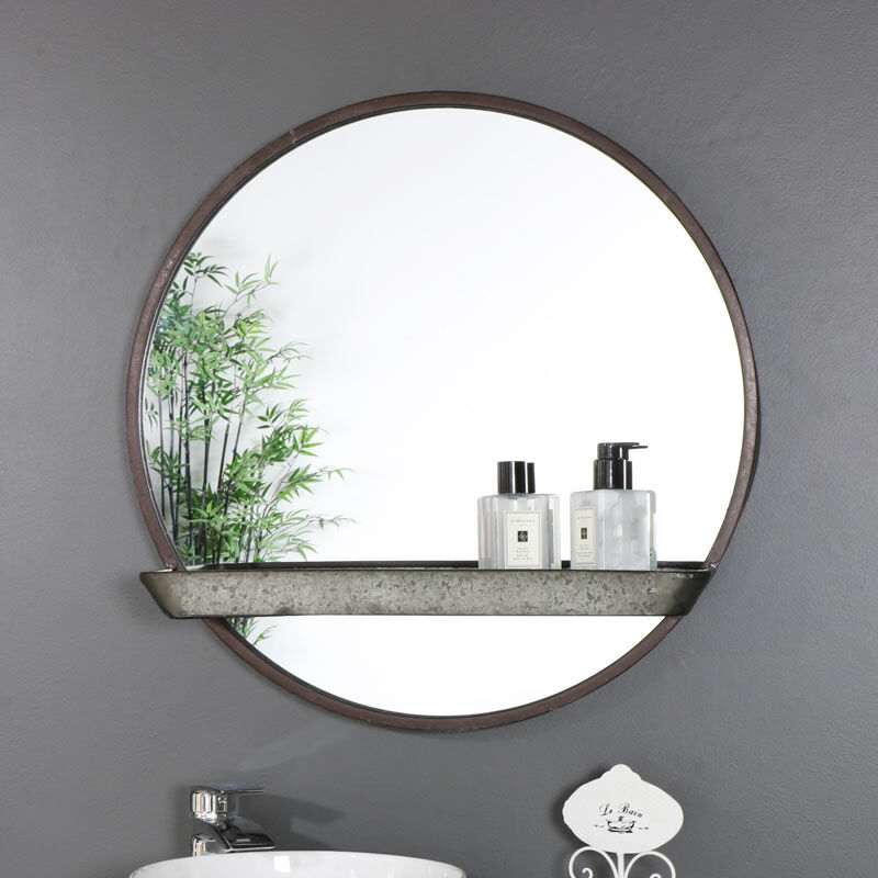 Rustic Industrial Round Mirror with Shelf 60cm x 60cm Material: Metal / Glass