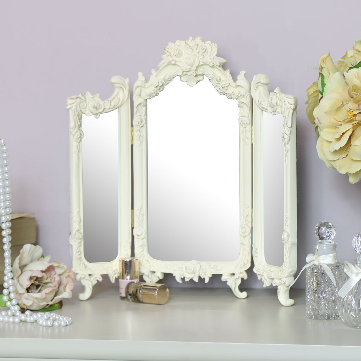 Small Ornate Rose Triple Mirror  - 38cm x 38cm Material: wood