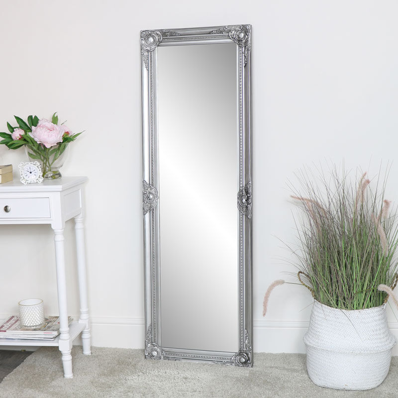 Tall Silver Ornate Bevelled Mirror 47cm x 142cm Material: Glass, wood, resin