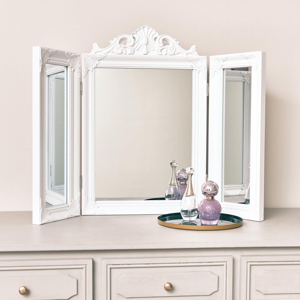 White Ornate Dressing Table Triple Mirror Material: Resin