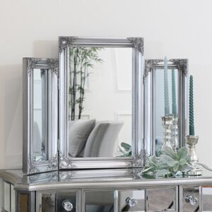 Ornate Vintage Silver Triple Dressing Table Mirror 55cm x 74cm Material: Wood, Resin, Glass