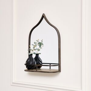 Rustic Metal Arched Mirrored With Gold Shelf - 48cm x 30cm Material: Metal, Glass