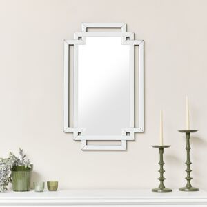 Art Deco White Glass Wall Mirror with Mirrored Accents - 80cm x 50cm Material: Glass, wood, metal