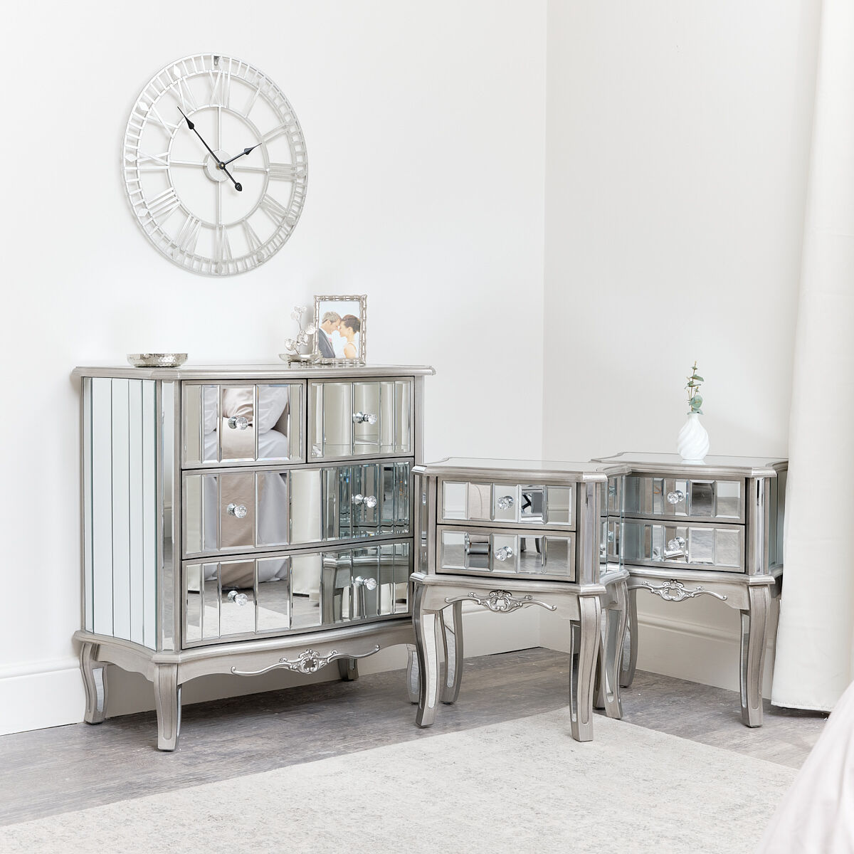 Bedroom Furniture, Silver Mirrored Chest of Drawers & Pair of Bedside Tables - Tiffany Range Material: Glass / Wood