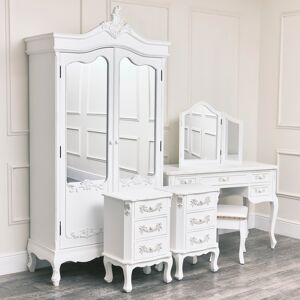 Large Double Wardrobe, Dressing Table Set & Pair of 3 Drawer Bedside Tables - Pays Blanc Range Material: Wood, glass