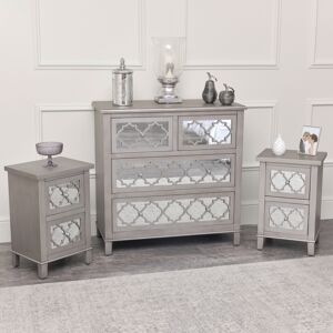 Large Silver Mirrored Chest of Drawers & Pair of Bedside Tables - Sabrina Silver Range Material: Wood, Glass, Metal